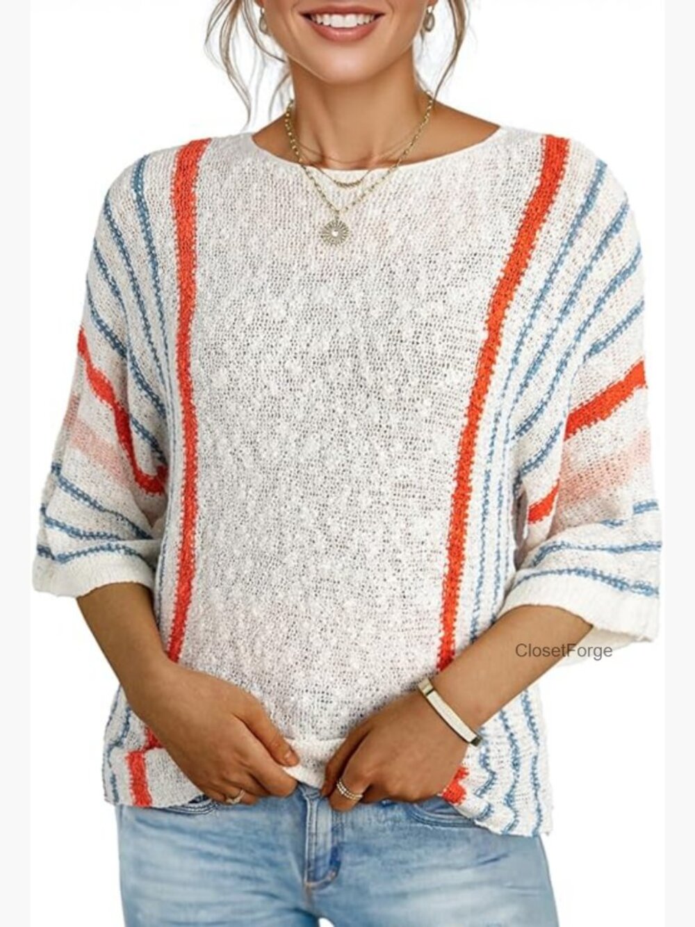 3/4 Sleeve Crewneck Striped Lightweight Knit Pullover Sweater Boho Top
